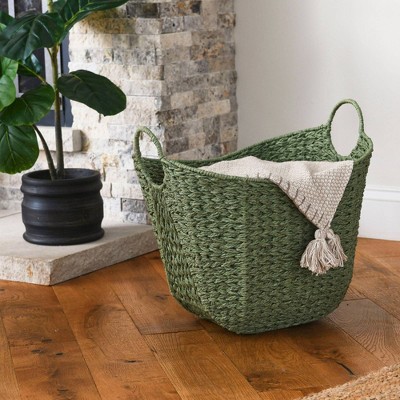 Olive Green Seagrass Oval Storage Basket with Wire Handles