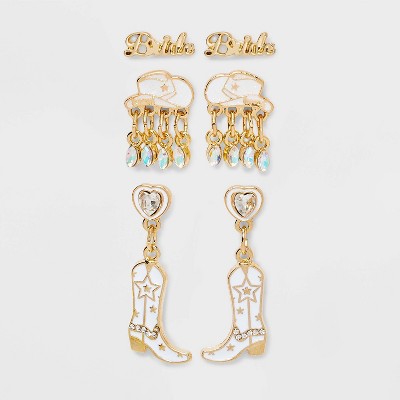 Bride Hat and Boot Stud and Drop Earring Set 3pc - Gold/White
