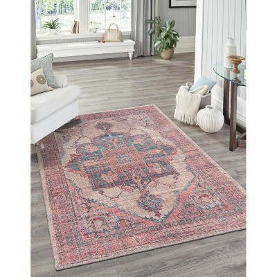Ivory and Pink Rectangular Washable Synthetic Area Rug
