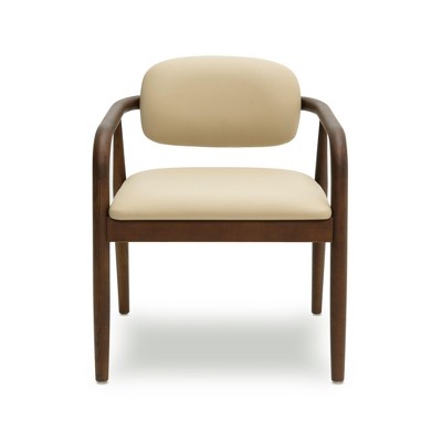 Beige Faux Leather Upholstered Arm Chair with Walnut Wood Frame