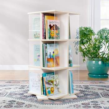 Guidecraft EdQ Rotating 3 Tier Book Display: Kids' Wooden Spinning Bookshelf with Acrylic Shelves for Storage in Classroom or Playroom