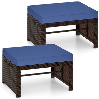 Tangkula Set of 2 Patio PE Rattan Ottomans w/ Soft Zippered Cushions for Deck Outdoor