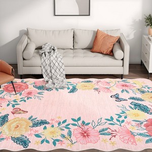 Floral Rug 5x7 Scalloped Rug Washable Rug Non Slip Backing Modern Green Botanical Rug, Aesthetic Rug, Low Pile Thin Rug, Indoor Soft Rug, Accent Rug - 1 of 4