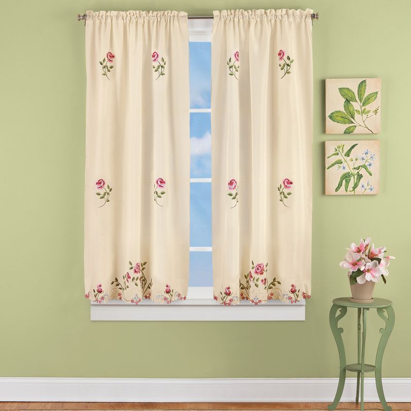 Collections Etc Elegant Pink Rose Floral Embroidered Curtains Drapes, Ivory, 2 of 4