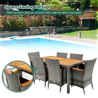 Gray and Beige 6-Person Rattan Dining Set with Acacia Wood Table