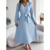 Women Fall Casual Pleated Long Sleeve Maxi Dress V Neck Button Boho Flowy Swing A Line Long Dress with Belt - 3 of 4