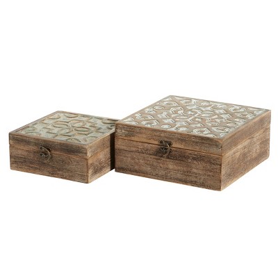 Set of 2 Decorative Wood Boxes with Carved Trellis Designs - Olivia & May