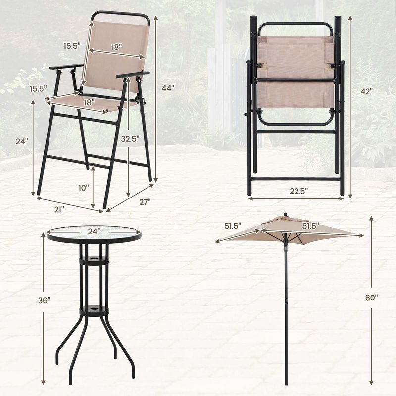 Costway 4PCS Patio Bistro Set Folding Counter Height Chairs Round Bar Table& Umbrella, 3 of 11