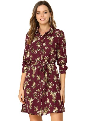 INSPIRE CHIC Women's Lapel Button Down Belted Mini Vintage Polka Dots Floral Shirt Dress