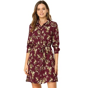 INSPIRE CHIC Women's Lapel Button Down Belted Mini Vintage Polka Dots Floral Shirt Dress - 1 of 4