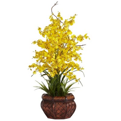 Elegant Dancing Lady Purple Silk Flower Arrangement in Cross Weave Brown Vase