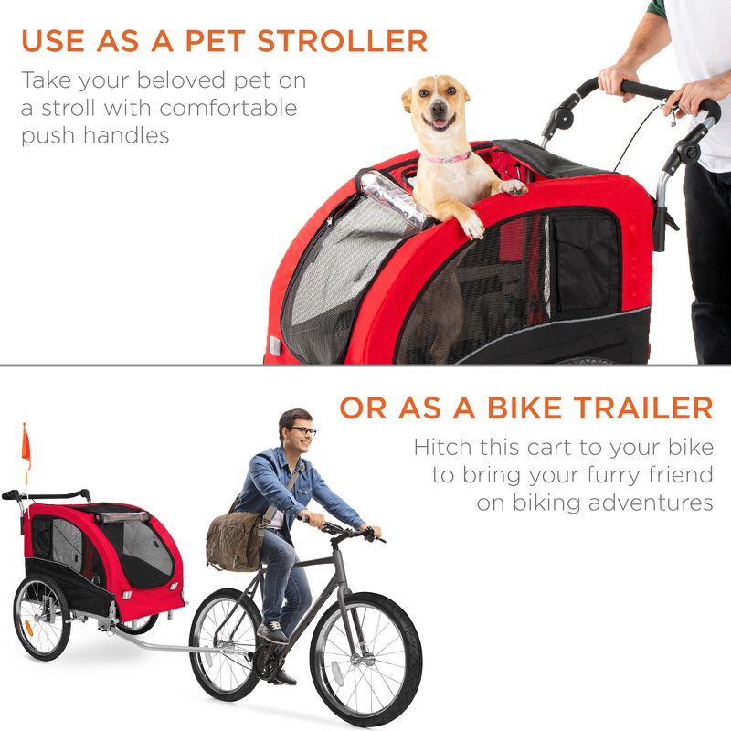 Best Choice Products 2-in-1 Dog Bike Trailer, Pet Stroller Bicycle Carrier w/ Hitch, Brakes, Visibility Flag, Reflector, 3 of 9