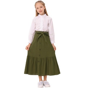 Girl's Button Midi Skirts Casual High Elastic Waist A Line Pleated Midi Chiffon Pink Skirts with Pockets - 1 of 4