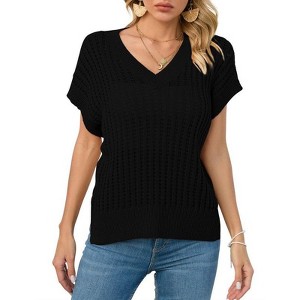 Coolmee Womens V Neck Summer Pullover Sweater Vests Cap Sleeve Tops Casual Loose Fit Lightweight Knit Vest Tops - 1 of 4