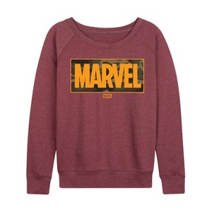 Women's - Marvel - Camo Logo Lightweight French Terry Wide Neck Long Sleeve Graphic Shirt - 1 of 4