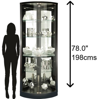Black Satin Lighted Corner Curio Cabinet with Glass Shelves