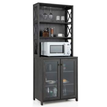 Costway Tall Freestanding Bar Cabinet Kitchen Buffet w/ Glass Holder & Adjustable Shelf