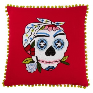 Saro Lifestyle Saro Lifestyle Sugar Skull Pillow Cover With Pom Pom Edge, Red, 18" - 1 of 2