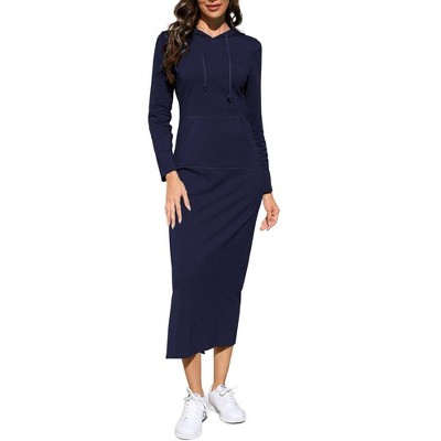 Womens Maxi Hooded Sweatshirt Dress with Front Pocket Long Sleeve Slit Sweatshirts Dress Drawsting Hoodie Comfy Sheath Dress,Dark Blue - L