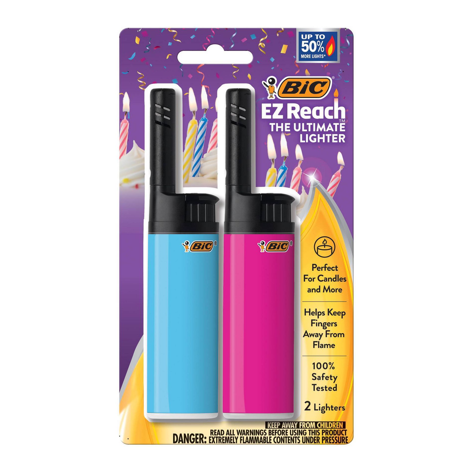 BiC 2ct EZ Reach Lighters, Assorted Colors, Colors May Vary