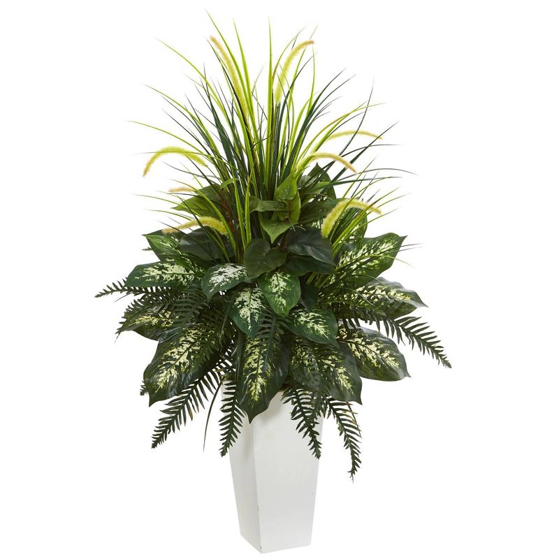 48&#34; x 26&#34; Artificial Mixed River Fern and Dogtail Plant in White Tower Planter - Nearly Natural, 1 of 5