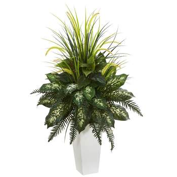 48" x 26" Artificial Mixed River Fern and Dogtail Plant in White Tower Planter - Nearly Natural