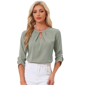 INSPIRE CHIC Women's Work Office Keyhole Pleated Front Ruched 3/4 Sleeve Chiffon Blouse - 1 of 4