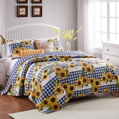Blue and Yellow Sunflower Reversible King Microfiber Quilt Set