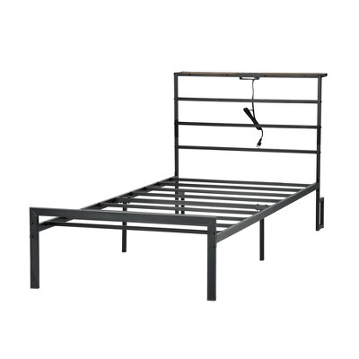 FurnitureR Metal Bed Frame Twin with Led Lights and Charging Station, Mattress Foundation, Iron-Art Headboard and Footboard, Storage Shelves, Black