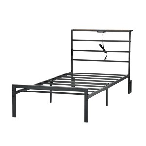 FurnitureR Metal Bed Frame Twin with Led Lights and Charging Station, Mattress Foundation, Iron-Art Headboard and Footboard, Storage Shelves, Black - 1 of 4