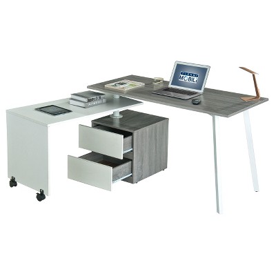 Grey and White Corner Computer Desk with Drawer and Keyboard Tray