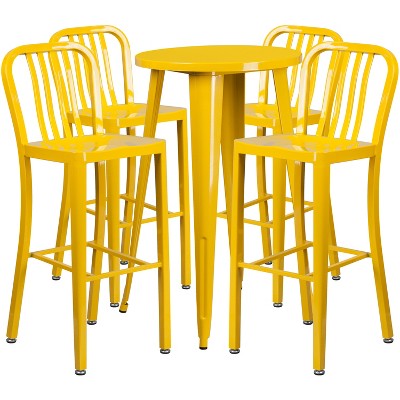 Yellow Metal Round Bar Table Set with 4 Slat Back Stools