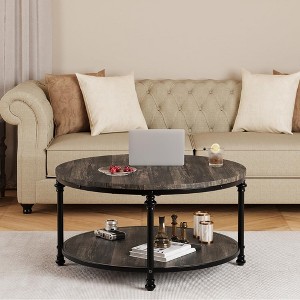 Round Coffee Table Rustic Center Table with Storage Shelf 2-Tier - 1 of 4