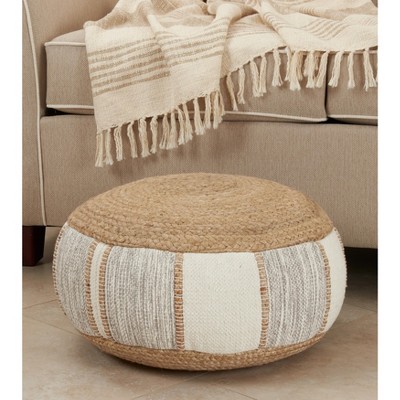 Natural Jute and Cotton Round Woven Pouf, 24"x16"
