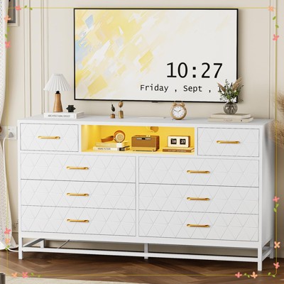 8 Drawer Dresser for Bedroom,  Dresser with Led Light, 55 Inch Tv Stand Dressers with Power Outlet
