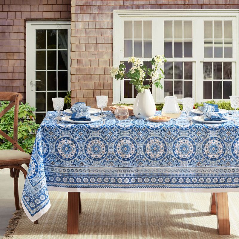 Vietri Medallion Blue Block Print Stain & Water Resistant Indoor/Outdoor Tablecloth - Elrene Home Fashions, 2 of 6