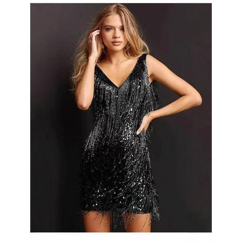 Elegant Solid Sequins Sequined O Neck Wrapped Skirt Dresses