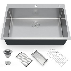 Acekool 30"x22" Drop-In Kitchen Workstation Sink, 16-Gauge Stainless Steel, 10" Deep Single Bowl with 6 Accessories - 1 of 4
