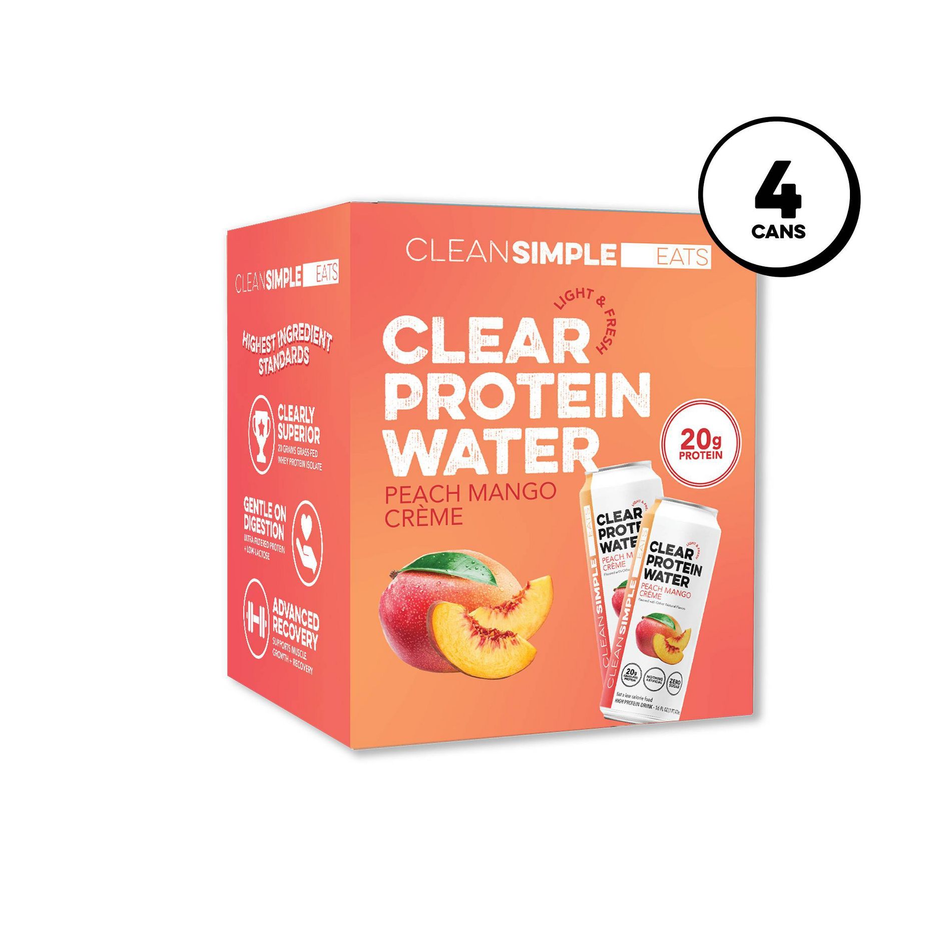 Clean Simple Eats Peach Mango Creme Clear Protein Water Sports Drink - 4pk/16 fl oz