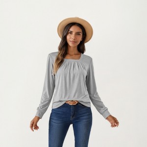 Anna-Kaci Women's Long Sleeve Square Neck Top with Front Pleat Detailing and Relaxed Fit - 1 of 4