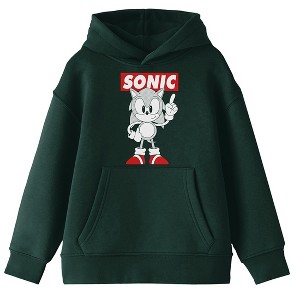 Sonic The Hedgehog Character Under Name Long Sleeve Forest Green Youth Hooded Sweatshirt - 1 of 2
