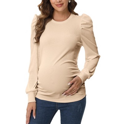 Maternity Shirts Women's Knit Ribbed Round Neck Puff Short Sleeve T-Shirt Pregnancy Casual Side Ruched Tunic Tee Tops