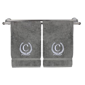 BC BARE COTTON Monogrammed Hand Towel, 100% Turkish Cotton - Set of 2 - Gray - Silver Wreath - 1 of 4