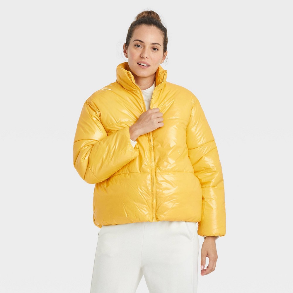 Size XXL Women's Short Wet Look Puffer Jacket - A New Day Yellow XXL