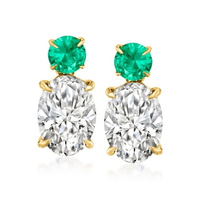 Ross-Simons 1.00 ct. t.w. Lab-Grown Diamond Drop Earrings With .10 ct. t.w. Emeralds in 14kt Yellow Gold