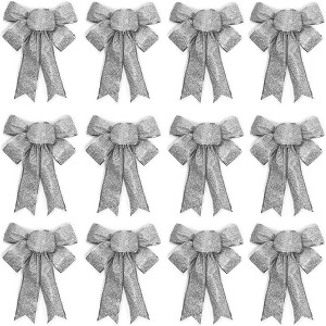 Bright Creations 12 Pieces 7"x9" Christmas Bows Organza Xmas Gift Wrapping Bowknot with Twist Tie, Silver Glitter - 1 of 4