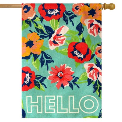 Hello Floral Spring Burlap House Flag with Colorful Flowers