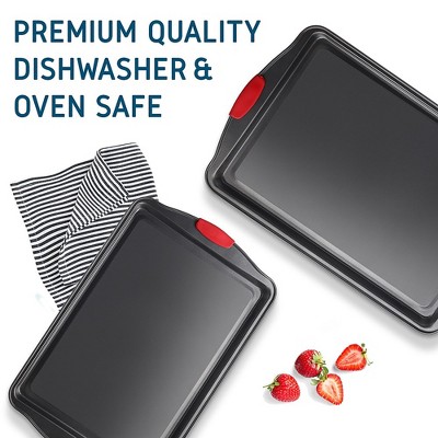 JoyTable Nonstick Carbon Steel Cookie Sheet Set with Red Silicone Handles