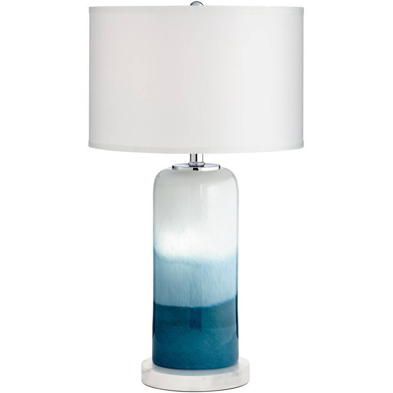 Possini Euro Design Roxanne Coastal Table Lamp with Round White Marble Riser 25" High LED Nightlight Blue Drum Shade for Bedroom Living Room Bedside, 1 of 9