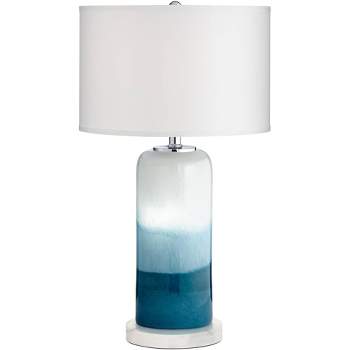 Possini Euro Design Roxanne Coastal Table Lamp with Round White Marble Riser 25" High LED Nightlight Blue Drum Shade for Bedroom Living Room Bedside